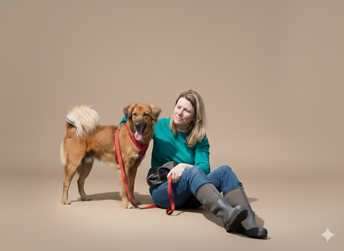 Tracie Tyson, dog behaviour and training consultant, sitting with a rescue dog